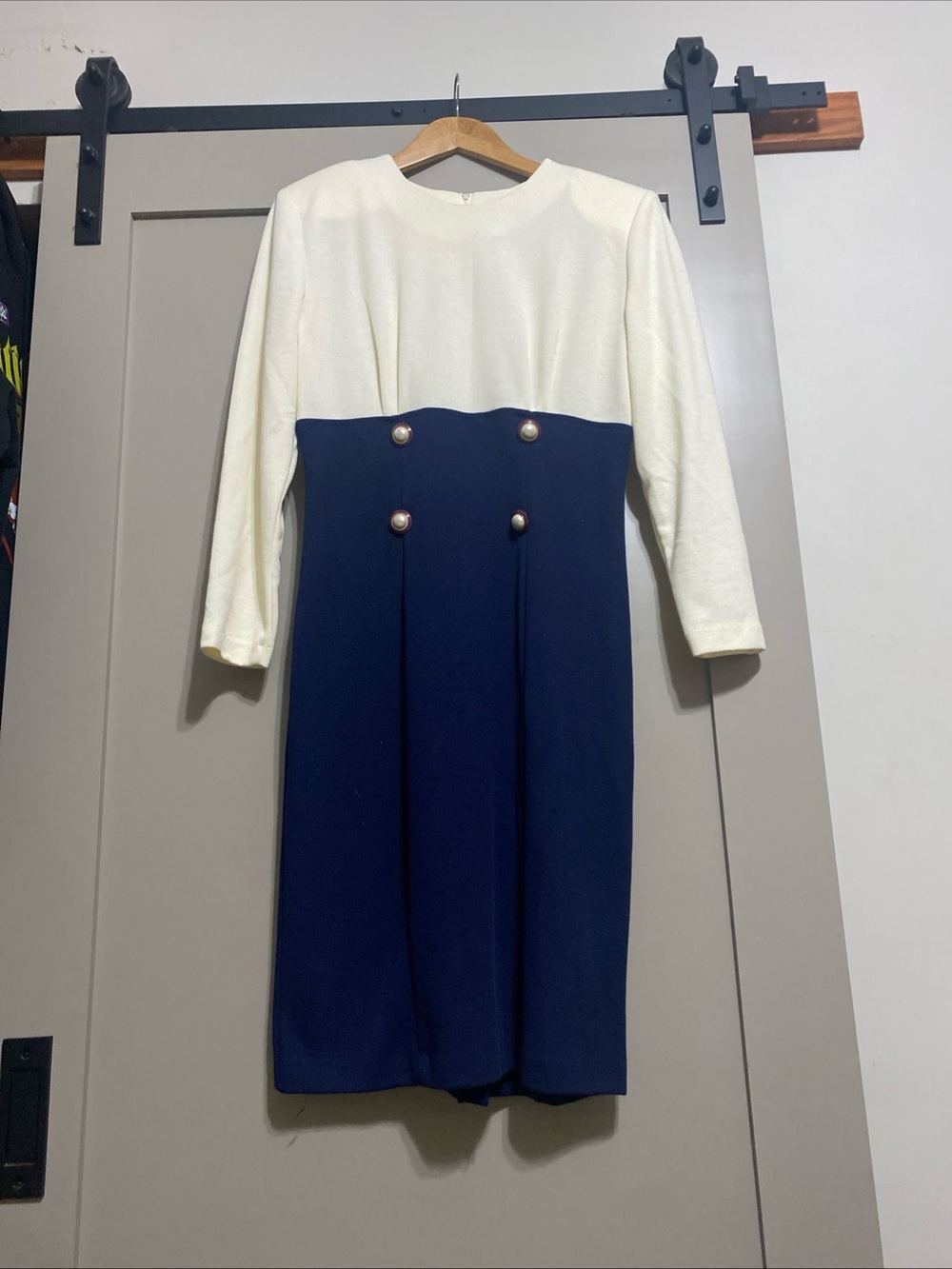 Vintage 80’s Champagne Two-Tone Cream and Navy Midi Dress